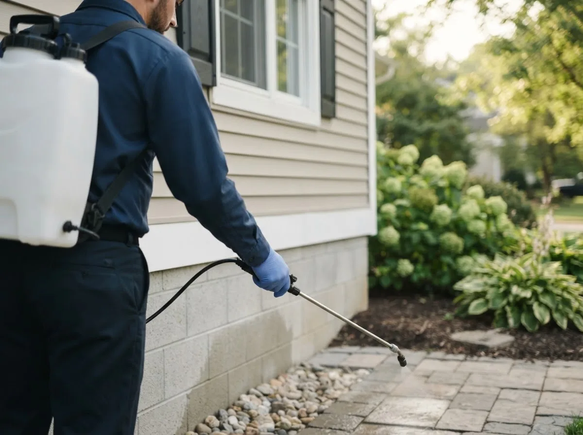 Pest control technician inspecting a home in Hoffmeister, NY